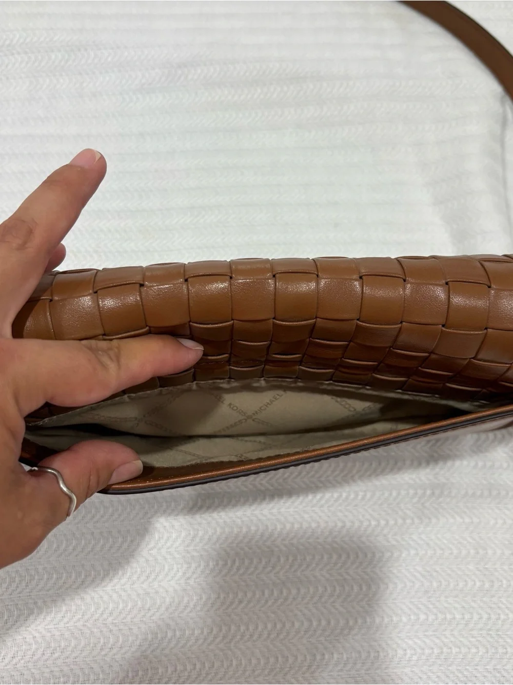 Michael Kors Tan Woven Leather Crossbody with Gold Hardware